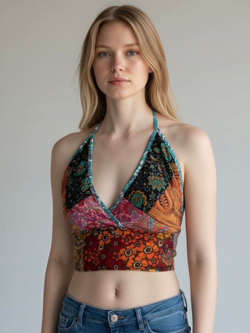 NWT Gardenbelle Shop Patchwork Crop Top Silk Fairy Boho Beachy Size S/M